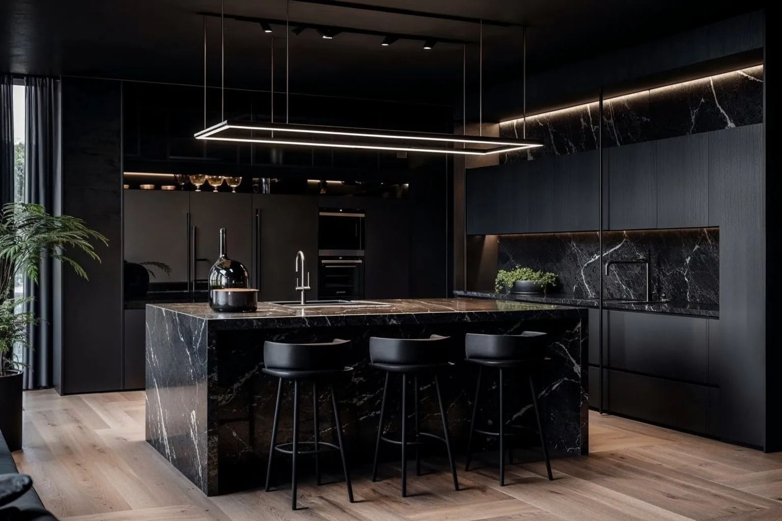 Dramatic dark kitchen with a veined stone island