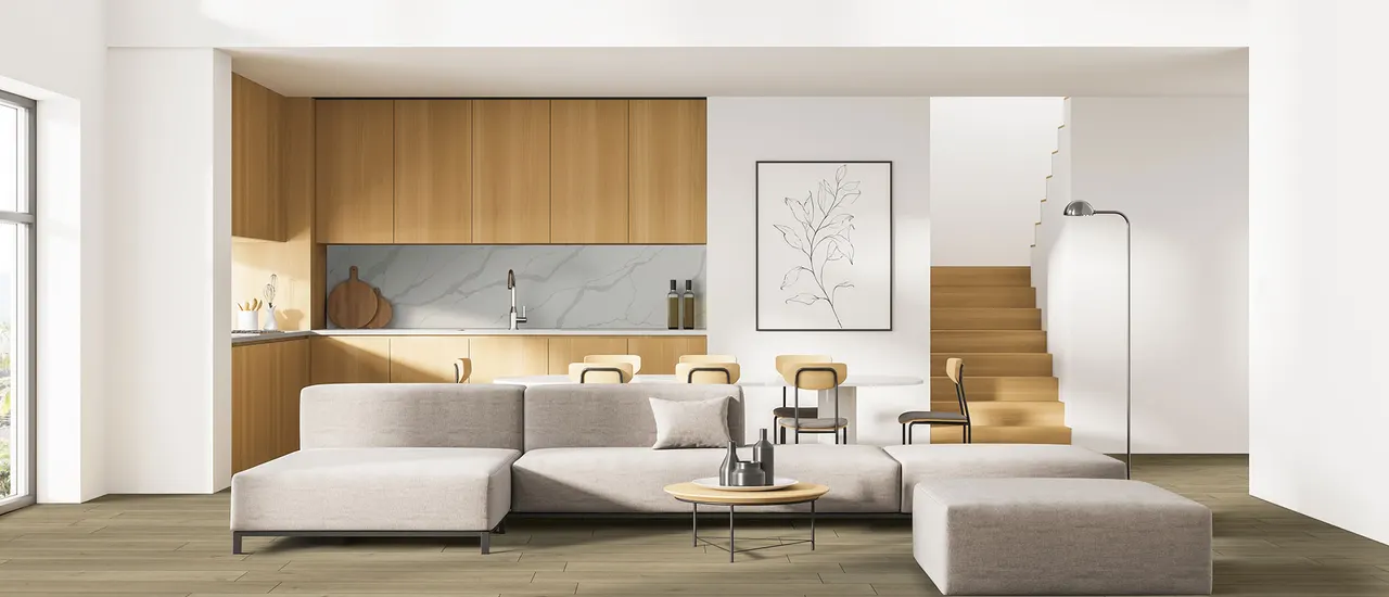 Calacatta Idillio Quartz Wall in Kitchen and Living area