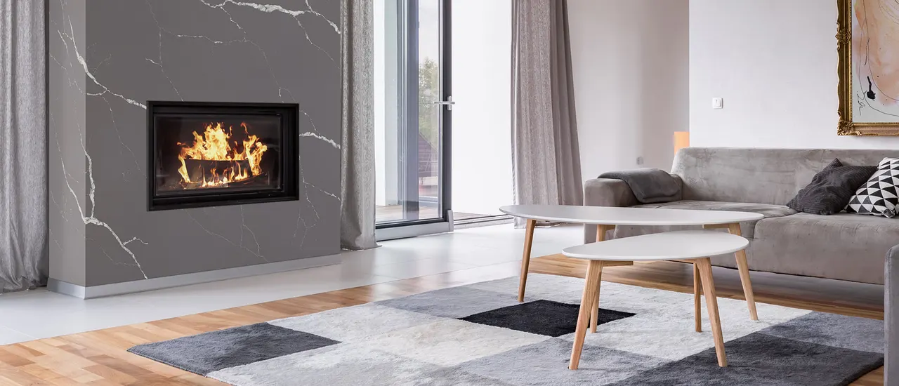 Calacatta Laza Grigio Quartz Accent Wall in Living Room