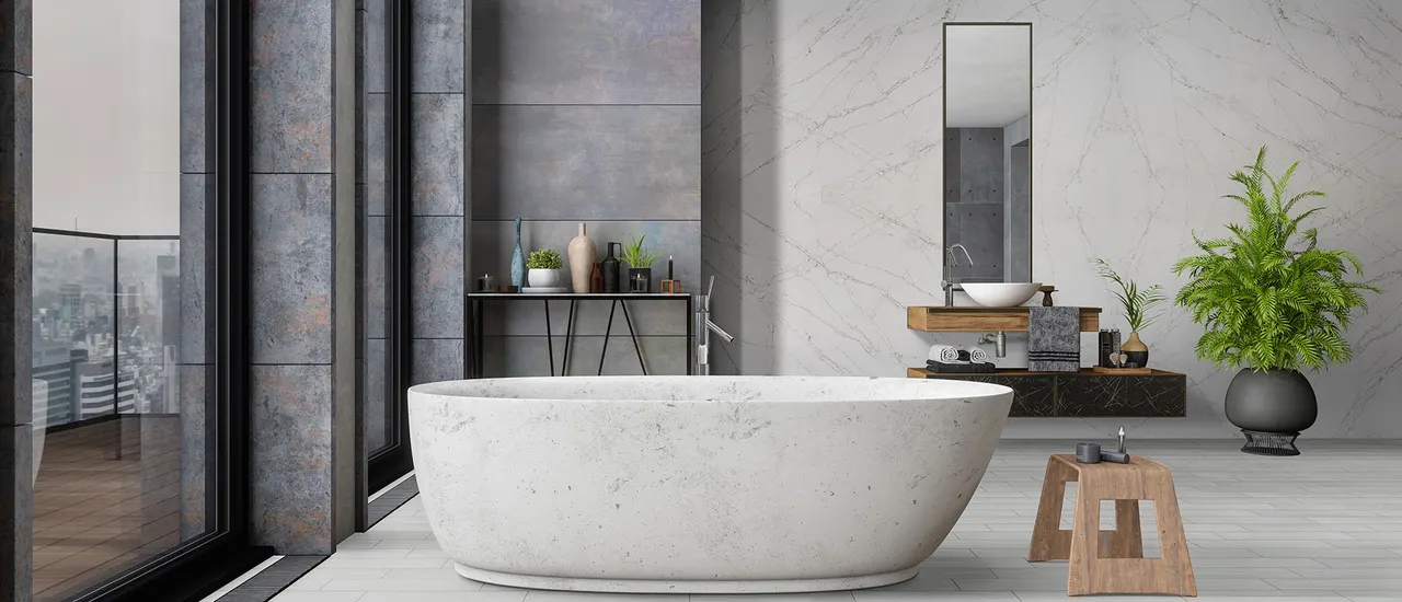 Calacatta Viraldi Quartz Slab in Bathroom