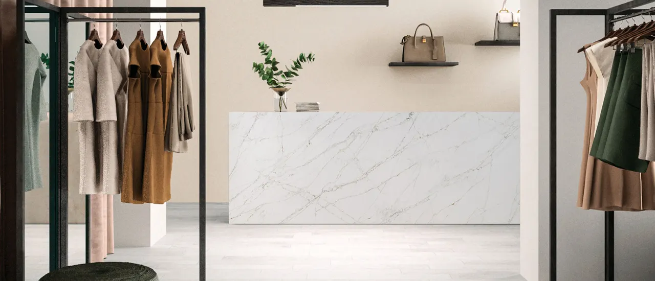 Calacatta Viraldi Quartz Backsplash in Customer Service Area