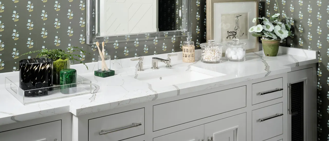 New Calacatta Laza Gold Quartz Countertop in Bathroom Vanity