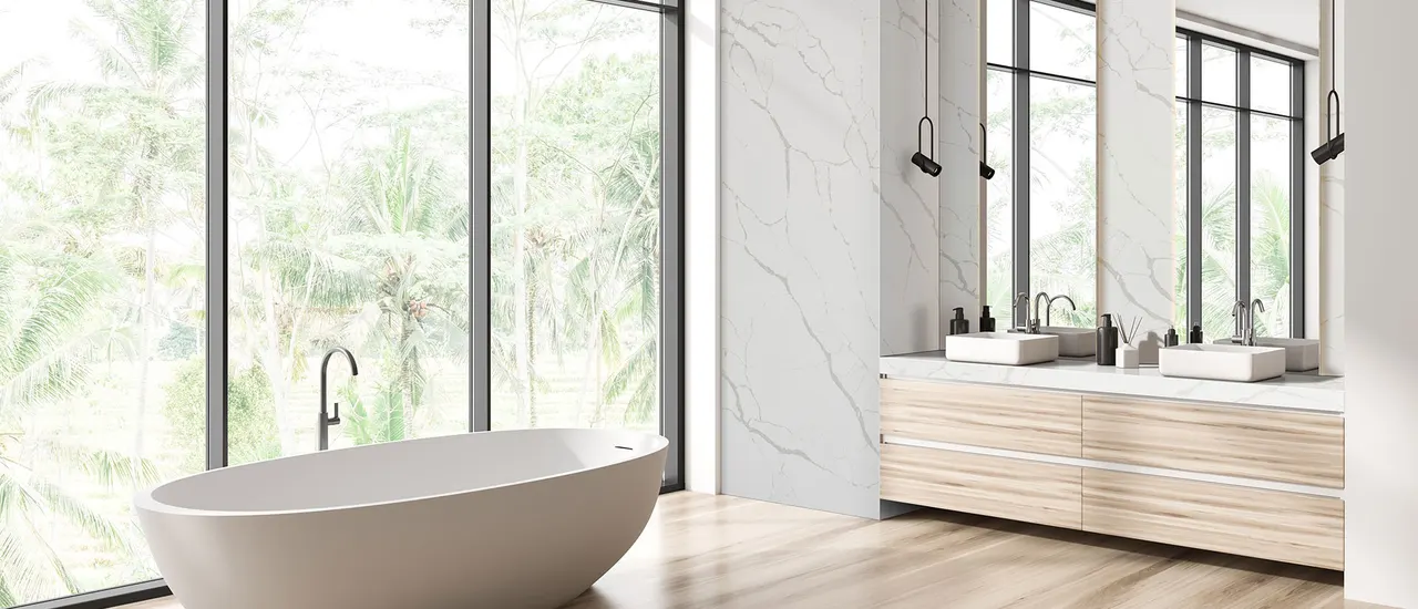 Calacatta Laza Quartz Countertop in Bathroom
