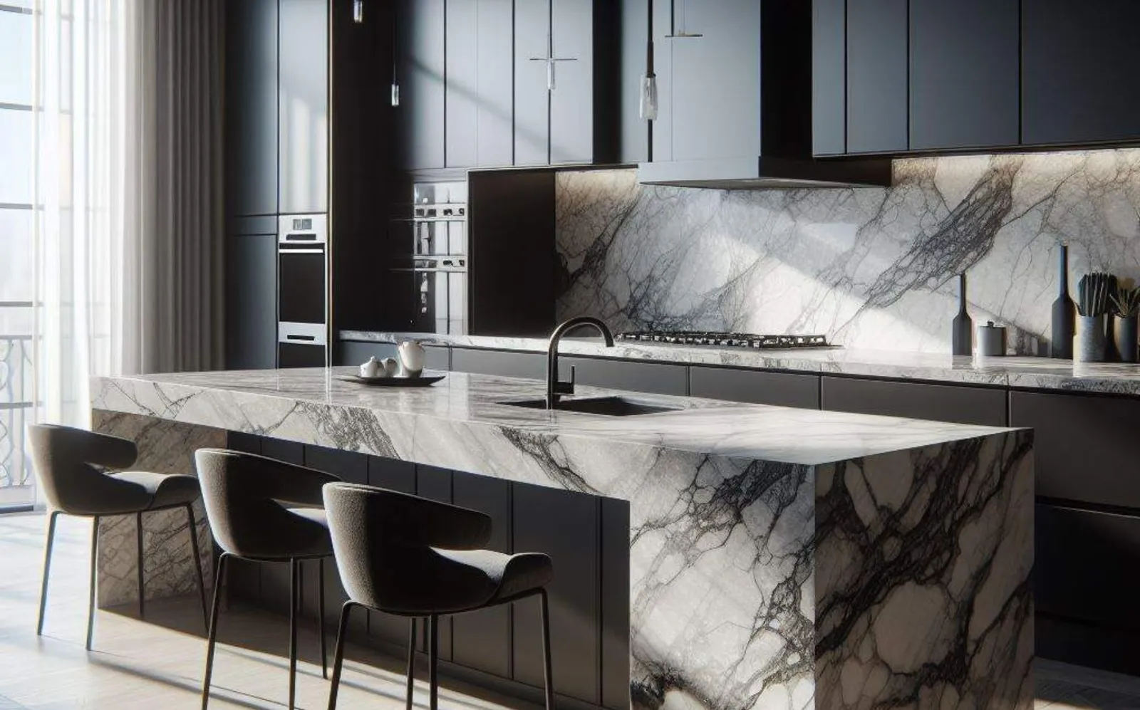 Quartzite Countertops with Black Kitchen Cabinets